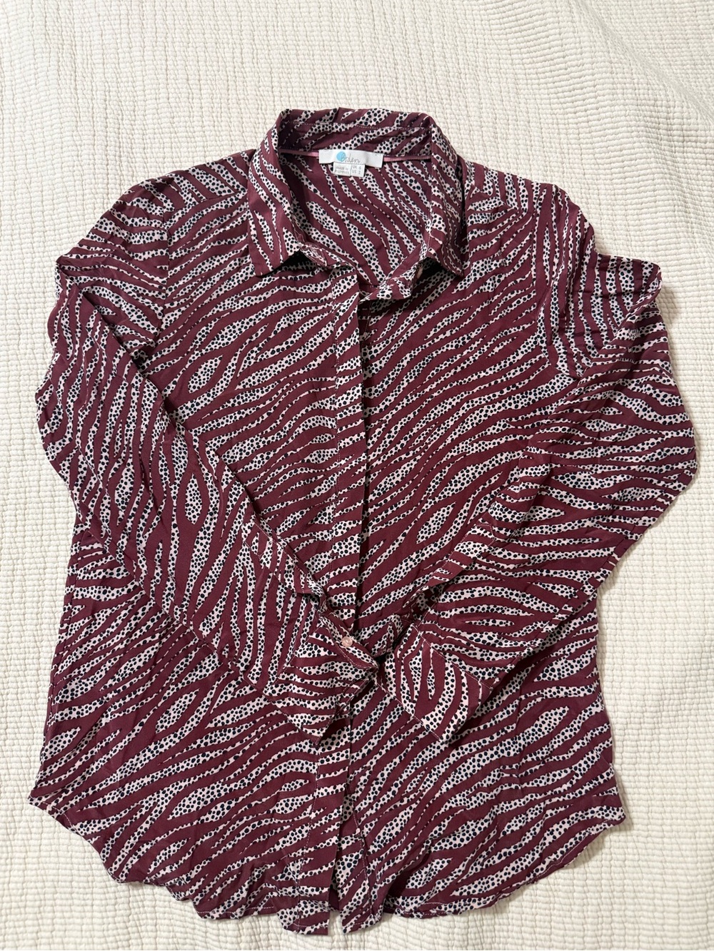 Boden 100% Silk Burgundy Zebra Stripe Button Down Blouse Shirt Size 2